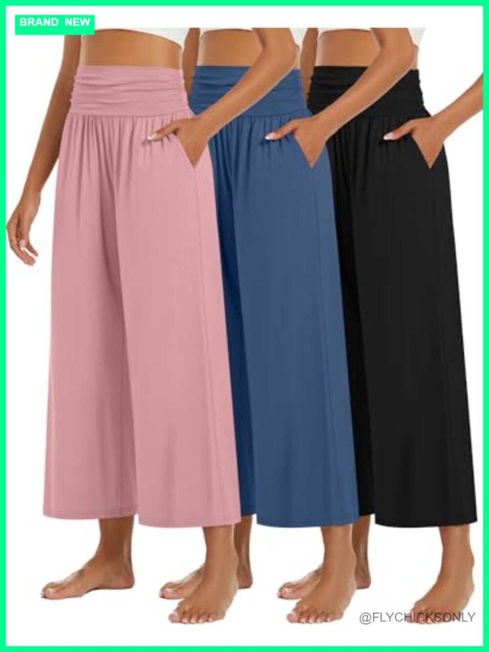 Wide Leg Capri Pants High Waisted Pleated Pull On 3 Pack
